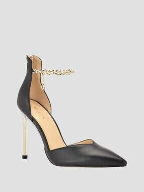 Guess Stefany Black Pointed-Toe Pump with Gold Chain Ankle Strap